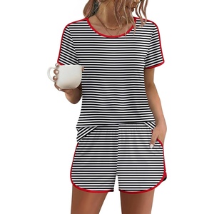 image:imageEkouaer Womens Pajama Sets Short Sleeve Sleepwear Soft Pjs Sets Round Neck Summer 2 Piece Lounge Set with Pockets SXXLBlack and White Stripe