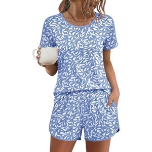 image:imageEkouaer Womens Pajama Sets Short Sleeve Sleepwear Soft Pjs Sets Round Neck Summer 2 Piece Lounge Set with Pockets SXXLBlue  Leaves