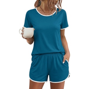image:imageEkouaer Womens Pajama Sets Short Sleeve Sleepwear Soft Pjs Sets Round Neck Summer 2 Piece Lounge Set with Pockets SXXLBlue