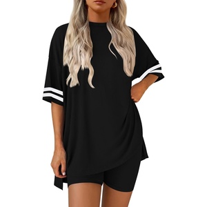 image:imageEkouaer Womens Pajamas 2 Piece Lounge Set Casual Oversized Short Sleeve Tops Biker Shorts Set Comfy Pjs Outfits SXXLBlack