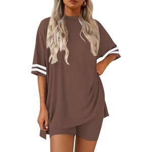 image:imageEkouaer Womens Pajamas 2 Piece Lounge Set Casual Oversized Short Sleeve Tops Biker Shorts Set Comfy Pjs Outfits SXXLBrown