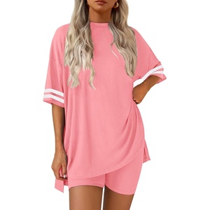 image:imageEkouaer Womens Pajamas 2 Piece Lounge Set Casual Oversized Short Sleeve Tops Biker Shorts Set Comfy Pjs Outfits SXXLOrange Pink