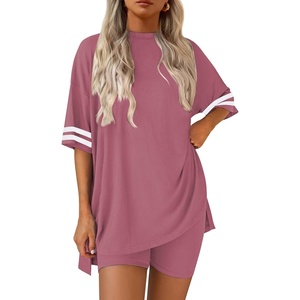 image:imageEkouaer Womens Pajamas 2 Piece Lounge Set Casual Oversized Short Sleeve Tops Biker Shorts Set Comfy Pjs Outfits SXXLPurple Red