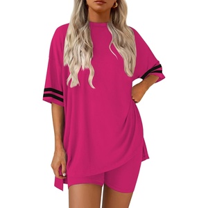 image:imageEkouaer Womens Pajamas 2 Piece Lounge Set Casual Oversized Short Sleeve Tops Biker Shorts Set Comfy Pjs Outfits SXXLRose Red