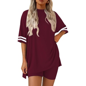 image:imageEkouaer Womens Pajamas 2 Piece Lounge Set Casual Oversized Short Sleeve Tops Biker Shorts Set Comfy Pjs Outfits SXXLWine