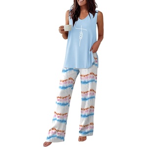 image:imageEkouaer Womens Pajamas Set Sleeveless Lounge Sets Comfy Tank Top and Pants Pjs Set V Neck 2 Piece Sleepwear SXXLTiedye Blue