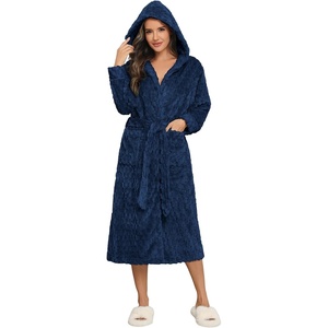 image:imageEkouaer Womens Plush Robes Long Soft Jacquard Fluffy Bathrobe Hooded Robe Sleepwear with PocketsB Navy Blue