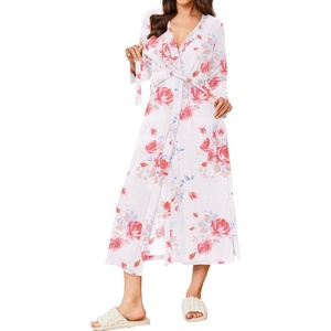 image:imageEkouaer Womens Robe Long Waffle Knit Bathrobe Lightweight Soft Kimono Robes Loungewear SXXLFloral White Red
