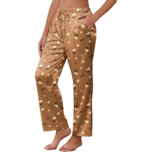 image:imageEkouaer Womens Silk Satin Pajama Pants Soft Comfy Loose Pj Pants Drawstring Elastic Waist Wide Leg Lounge Bottom with PocketsBrown Teddy