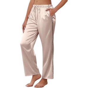 image:imageEkouaer Womens Silk Satin Pajama Pants Soft Comfy Loose Pj Pants Drawstring Elastic Waist Wide Leg Lounge Bottom with PocketsChampagne