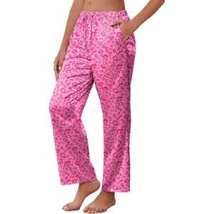 image:imageEkouaer Womens Silk Satin Pajama Pants Soft Comfy Loose Pj Pants Drawstring Elastic Waist Wide Leg Lounge Bottom with PocketsHot Pink Leopard