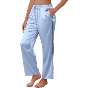 image:imageEkouaer Womens Silk Satin Pajama Pants Soft Comfy Loose Pj Pants Drawstring Elastic Waist Wide Leg Lounge Bottom with PocketsLight Blue