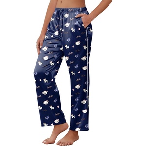 image:imageEkouaer Womens Silk Satin Pajama Pants Soft Comfy Loose Pj Pants Drawstring Elastic Waist Wide Leg Lounge Bottom with PocketsNavy Blue Teddy