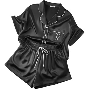 image:imageEkouaer Womens Silk Satin Pajama Set 2 Piece Heart Embroidery Short Sleeve Button Down Pjs Set for Bridal PartyBlack