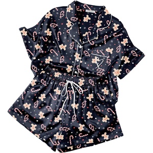 image:imageEkouaer Womens Silk Satin Pajama Set 2 Piece Heart Embroidery Short Sleeve Button Down Pjs Set for Bridal PartyBlack Christmas