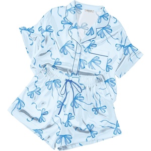 image:imageEkouaer Womens Silk Satin Pajama Set 2 Piece Heart Embroidery Short Sleeve Button Down Pjs Set for Bridal PartyBow Blue