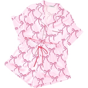image:imageEkouaer Womens Silk Satin Pajama Set 2 Piece Heart Embroidery Short Sleeve Button Down Pjs Set for Bridal PartyBow Pink