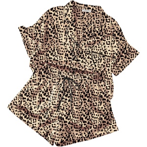 image:imageEkouaer Womens Silk Satin Pajama Set 2 Piece Heart Embroidery Short Sleeve Button Down Pjs Set for Bridal PartyBrown Leopard