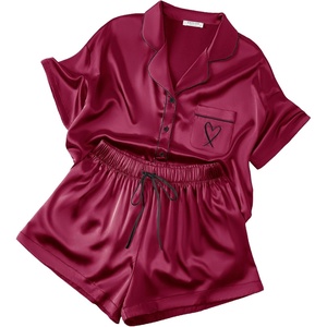 image:imageEkouaer Womens Silk Satin Pajama Set 2 Piece Heart Embroidery Short Sleeve Button Down Pjs Set for Bridal PartyBurgundy