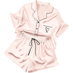 image:imageEkouaer Womens Silk Satin Pajama Set 2 Piece Heart Embroidery Short Sleeve Button Down Pjs Set for Bridal PartyChampagne