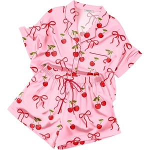 image:imageEkouaer Womens Silk Satin Pajama Set 2 Piece Heart Embroidery Short Sleeve Button Down Pjs Set for Bridal PartyCherry Pink