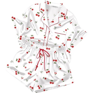 image:imageEkouaer Womens Silk Satin Pajama Set 2 Piece Heart Embroidery Short Sleeve Button Down Pjs Set for Bridal PartyCherry White