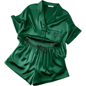 image:imageEkouaer Womens Silk Satin Pajama Set 2 Piece Heart Embroidery Short Sleeve Button Down Pjs Set for Bridal PartyDark Green