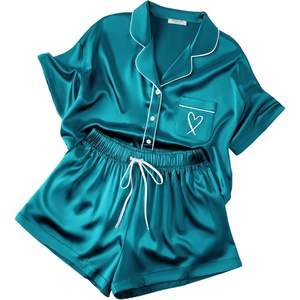 image:imageEkouaer Womens Silk Satin Pajama Set 2 Piece Heart Embroidery Short Sleeve Button Down Pjs Set for Bridal PartyGreen