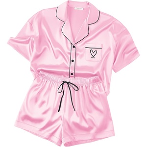 image:imageEkouaer Womens Silk Satin Pajama Set 2 Piece Heart Embroidery Short Sleeve Button Down Pjs Set for Bridal PartyLight Pink