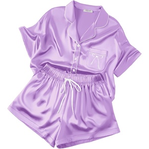 image:imageEkouaer Womens Silk Satin Pajama Set 2 Piece Heart Embroidery Short Sleeve Button Down Pjs Set for Bridal PartyLight Purple