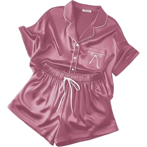 image:imageEkouaer Womens Silk Satin Pajama Set 2 Piece Heart Embroidery Short Sleeve Button Down Pjs Set for Bridal PartyMuted Pink