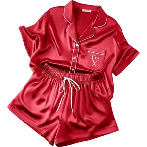image:imageEkouaer Womens Silk Satin Pajama Set 2 Piece Heart Embroidery Short Sleeve Button Down Pjs Set for Bridal PartyRed