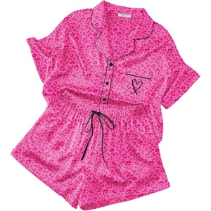 image:imageEkouaer Womens Silk Satin Pajama Set 2 Piece Heart Embroidery Short Sleeve Button Down Pjs Set for Bridal PartyRose Leopard