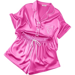 image:imageEkouaer Womens Silk Satin Pajama Set 2 Piece Heart Embroidery Short Sleeve Button Down Pjs Set for Bridal PartyRose Red