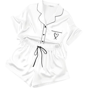 image:imageEkouaer Womens Silk Satin Pajama Set 2 Piece Heart Embroidery Short Sleeve Button Down Pjs Set for Bridal PartyWhite