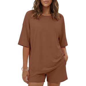image:imageEkouaer Womens Two Piece Lounge Set Oversized Boxy Tshirt Casual Short Sets Summer Travel Matching Set 2026 FashionBrown