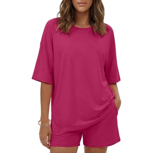 image:imageEkouaer Womens Two Piece Lounge Set Oversized Boxy Tshirt Casual Short Sets Summer Travel Matching Set 2026 FashionHot Pink