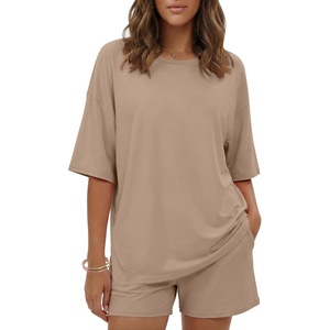 image:imageEkouaer Womens Two Piece Lounge Set Oversized Boxy Tshirt Casual Short Sets Summer Travel Matching Set 2026 FashionKhaki