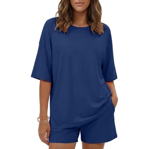 image:imageEkouaer Womens Two Piece Lounge Set Oversized Boxy Tshirt Casual Short Sets Summer Travel Matching Set 2026 FashionNavy Blue