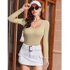 image:imageEkouaer Womens Long Sleeve Shirts Square Neck Slim Fit Basic Tops Ribbed Thermal Undershirts Layering TeeBeige