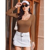 image:imageEkouaer Womens Long Sleeve Shirts Square Neck Slim Fit Basic Tops Ribbed Thermal Undershirts Layering TeeKhaki