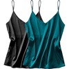 image:imageEkouaer Satin Tank Tops for Women Silk Camisole Tops 2 Pack V Neck Spaghetti Strap Blouse Soft Dressy CamisoleBlackDrak Green