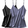 image:imageEkouaer Satin Tank Tops for Women Silk Camisole Tops 2 Pack V Neck Spaghetti Strap Blouse Soft Dressy CamisoleBlackGrey