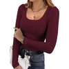 image:imageEkouaer Womens Long Sleeve Shirts Square Neck Slim Fit Basic Tops Ribbed Thermal Undershirts Layering TeeBurgundy