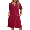 image:imageEkouaer Zipper Robes for Women Knee Length Bathrobe Lightweight Housecoat Short Sleeve Nightgown with Pockets S3XLWine Red With Black