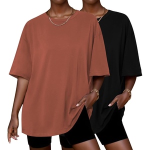 image:imageEkouaer 2 Pack Womens Tops Short Sleeve Oversized T Shirts Summer Spring Tops 2025 Basic Casual Tee Top SXXLBlackCamel