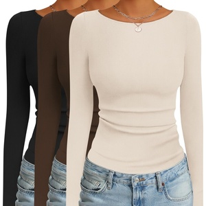 image:imageEkouaer 3 Pack Womens Long Sleeve Shirts Boat Neck Ribbed Thermal Undershirts Lightweight Basic Top XSXXLBlackBrownBeige