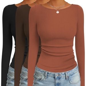image:imageEkouaer 3 Pack Womens Long Sleeve Shirts Boat Neck Ribbed Thermal Undershirts Lightweight Basic Top XSXXLBlackCaramelBrown