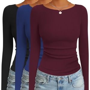 image:imageEkouaer 3 Pack Womens Long Sleeve Shirts Boat Neck Ribbed Thermal Undershirts Lightweight Basic Top XSXXLBlackNavyDark Red