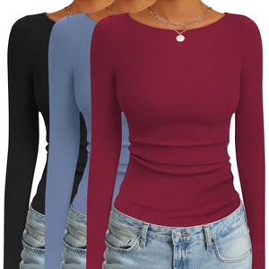 image:imageEkouaer 3 Pack Womens Long Sleeve Shirts Boat Neck Ribbed Thermal Undershirts Lightweight Basic Top XSXXLBlackWine RedBlue